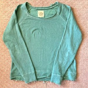 CHASER teal cotton & linen raglan pullover, Medium.